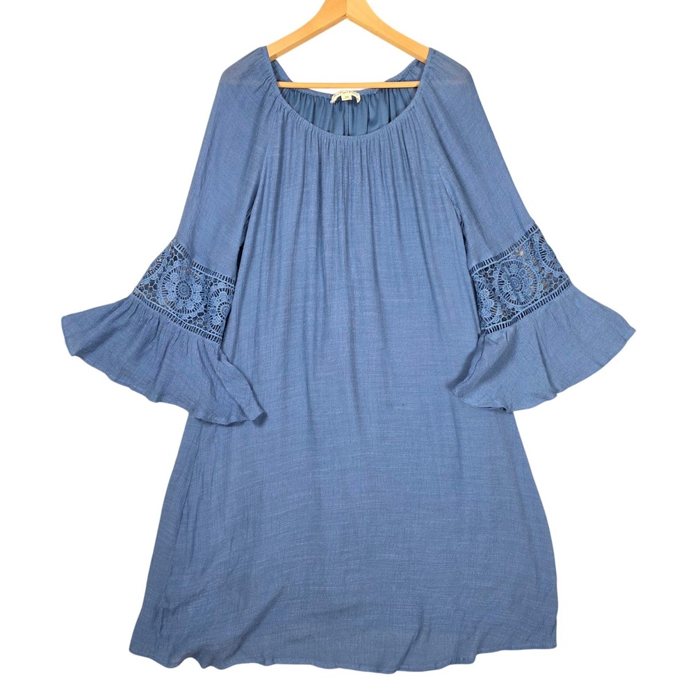 Indigo Rose Boho Peasant Smocked Lace Cuff Midi Dress Blue 2X